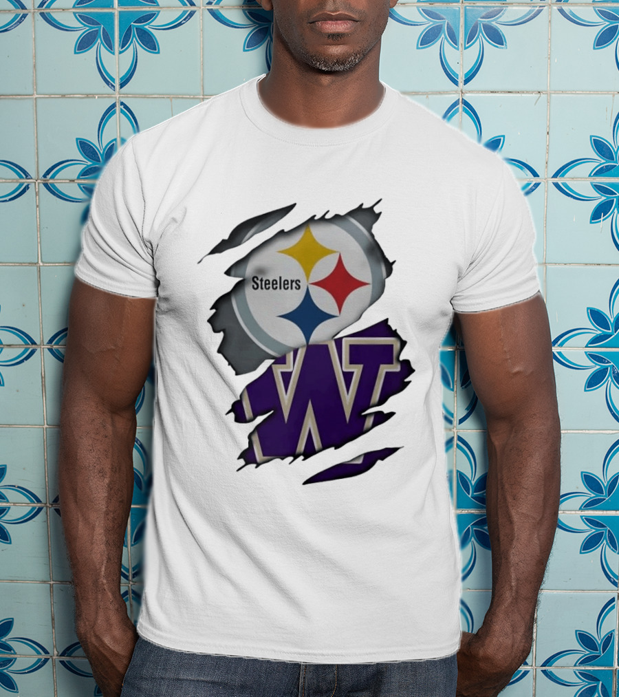 Pittsburgh Steelers Washington Huskies Ripped Logo Collaboration T-Shirt