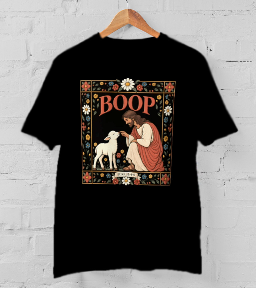 BOOP Luke 15:4 6 Jesus Kneeling Touching Nose Of White Lamb T-Shirt