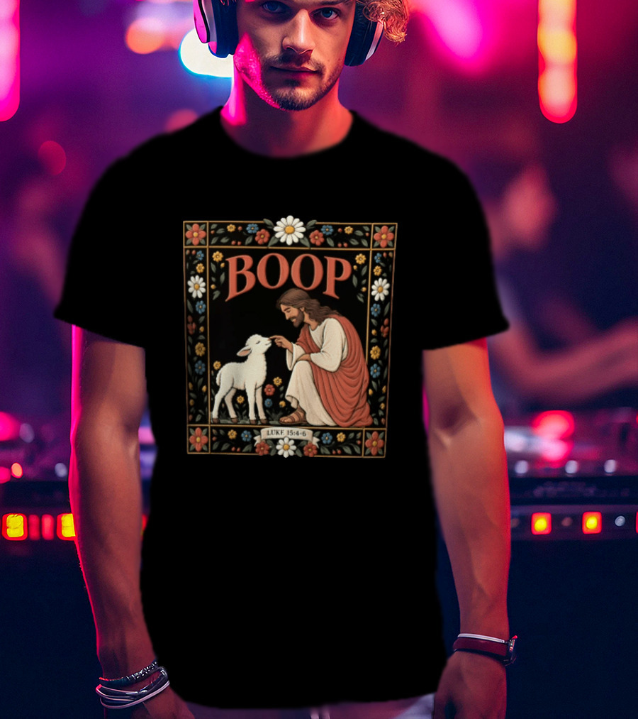BOOP Luke 15:4 6 Jesus Kneeling Touching Nose Of White Lamb T-Shirt
