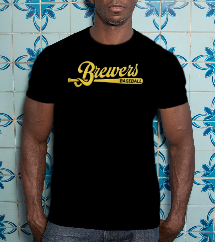 Milwaukee Brewers Yellow Script Baseball Bat Brewers T-Shirt