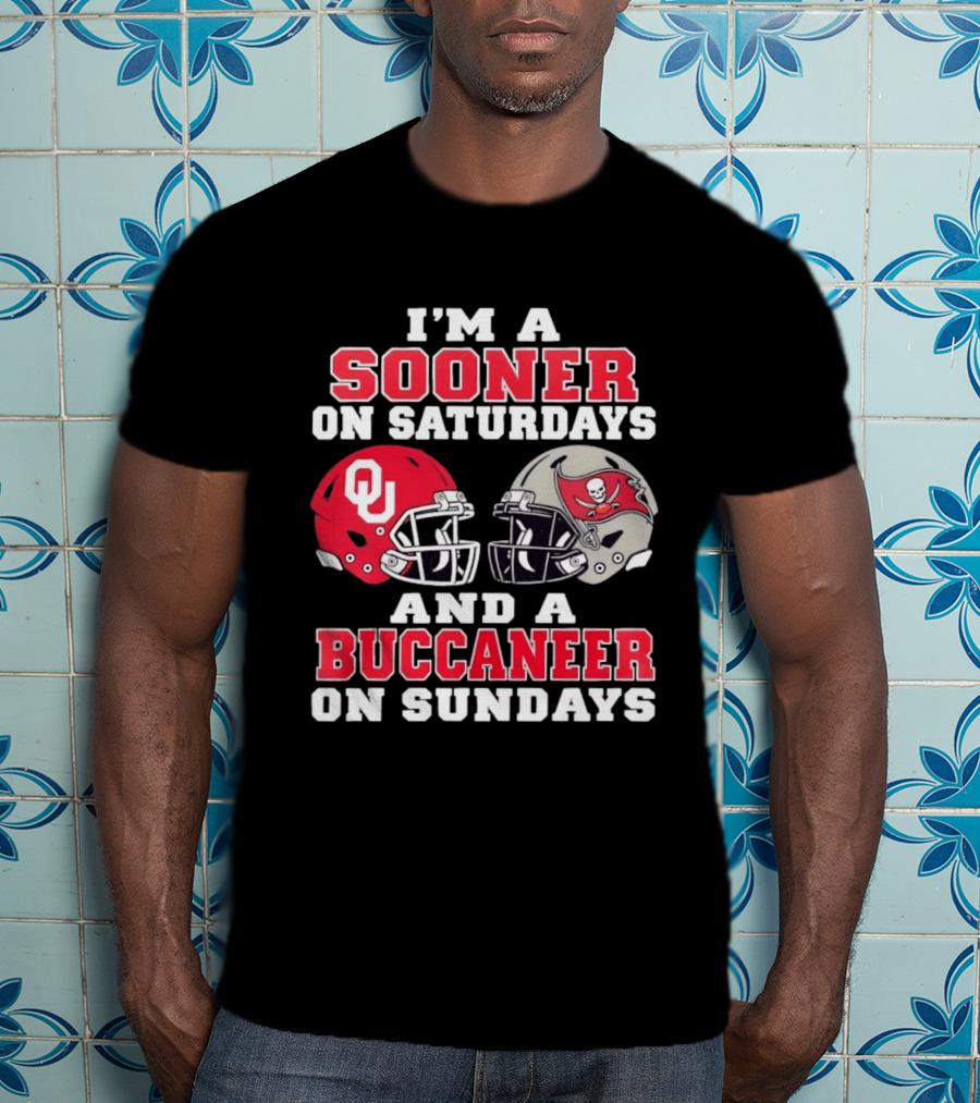 I'm A Sooner On Saturdays And A Buccaneer On Sundays Football Helmets OU Tampa Bay T-Shirt