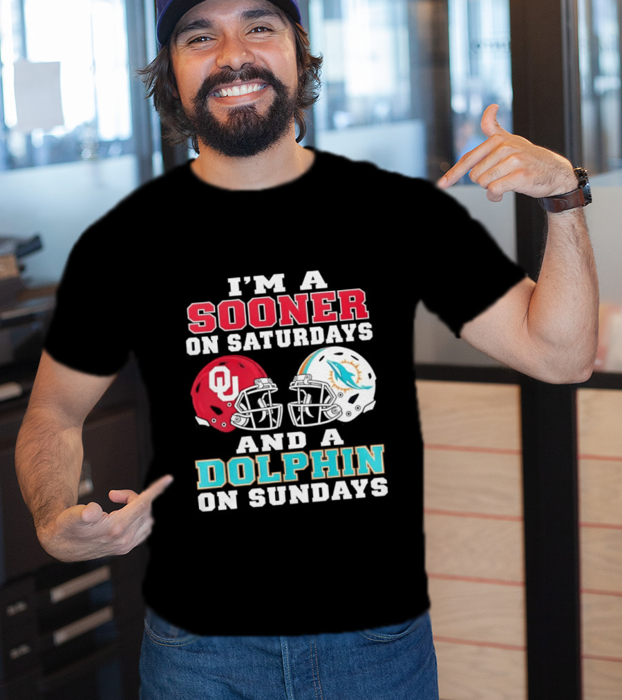 I'm A Sooner On Saturdays And A Dolphin On Sundays Football Helmets OU Miami T-Shirt