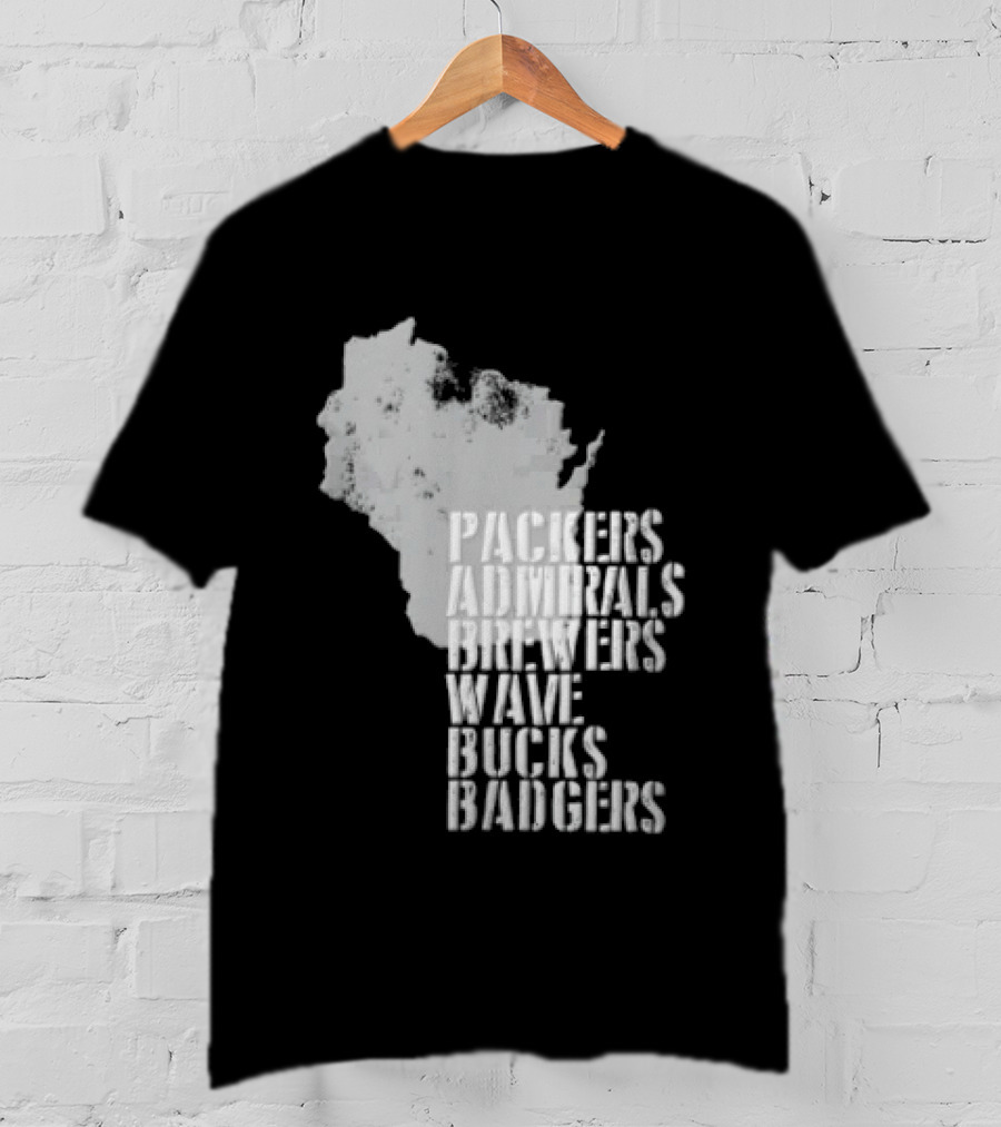 Packers Admirals Brewers Wave Bucks Badgers Wisconsin State Map Stencil T-Shirt
