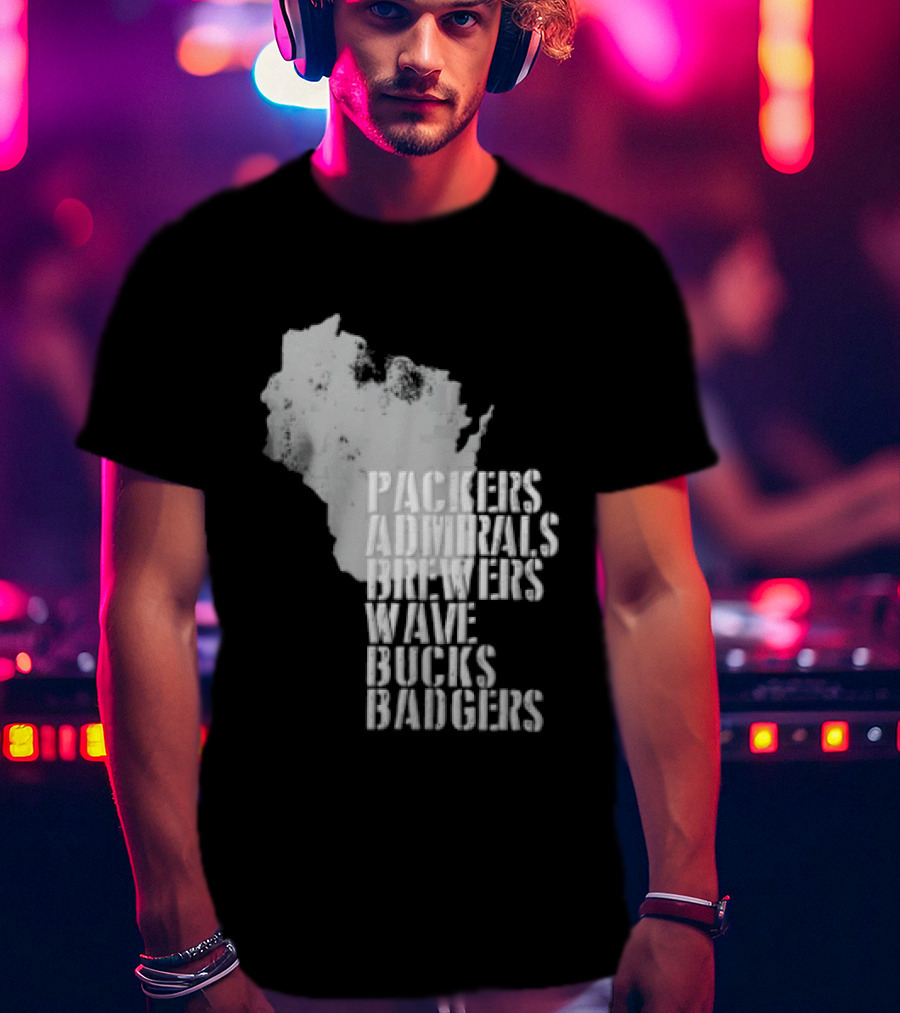 Packers Admirals Brewers Wave Bucks Badgers Wisconsin State Map Stencil T-Shirt