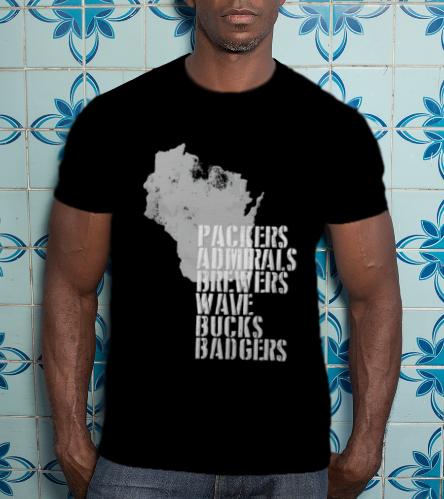 Packers Admirals Brewers Wave Bucks Badgers Wisconsin State Map Stencil T-Shirt