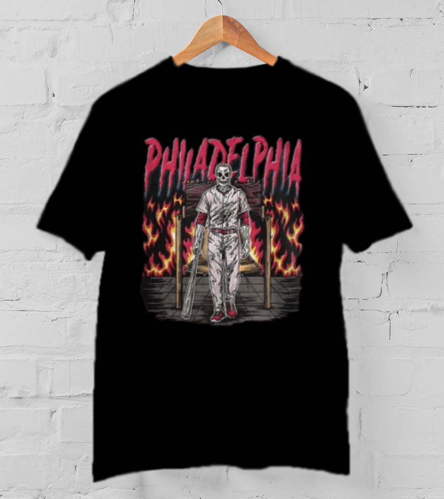 Philadelphia Phillies Skeleton Player With Bat Flaming T-Shirt