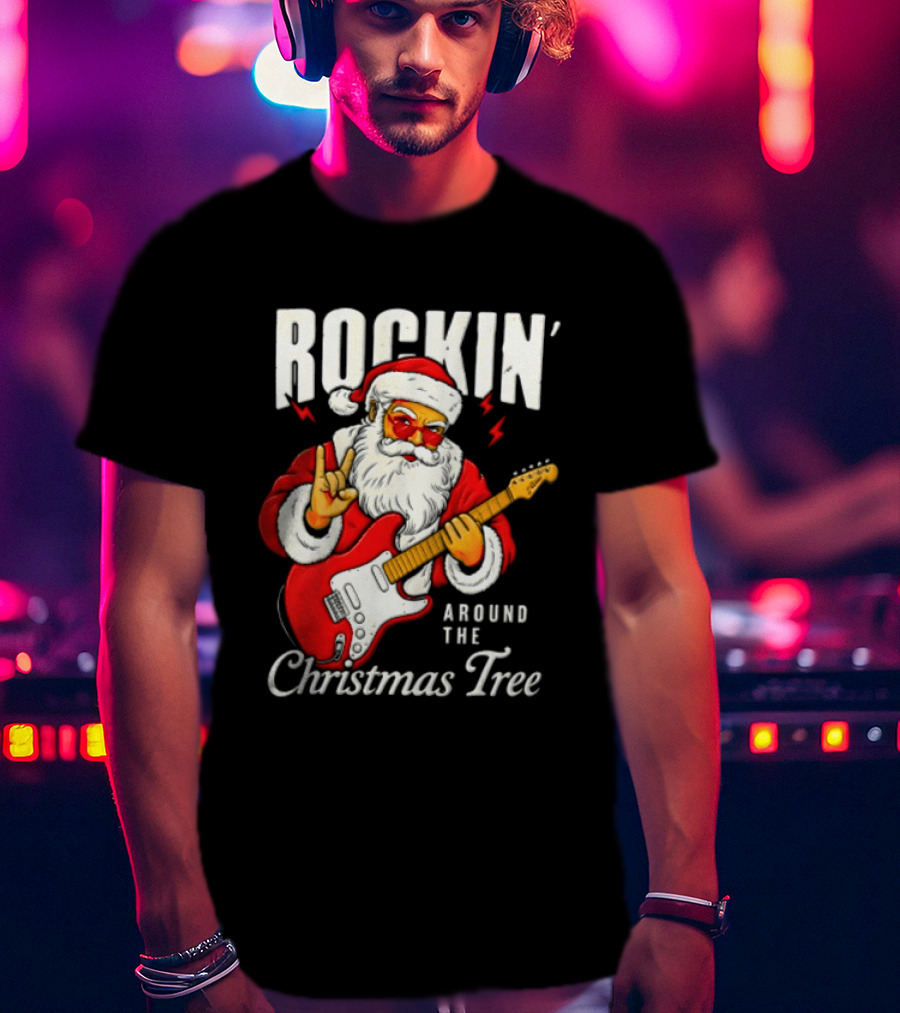 Rockin' Santa Christmas Tree Guitar Holiday T-Shirt