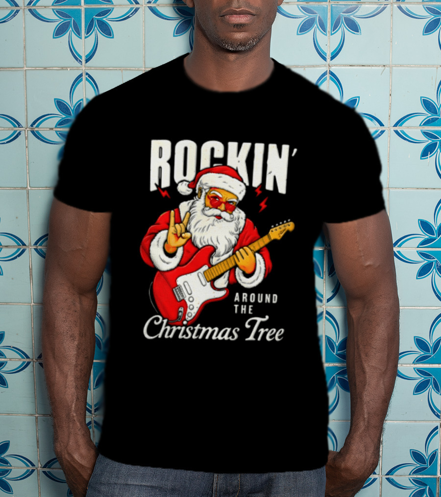 Rockin' Santa Christmas Tree Guitar Holiday T-Shirt