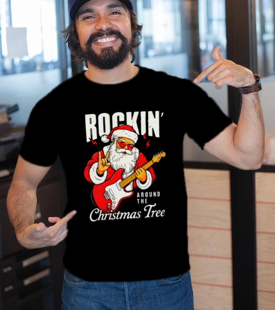 Rockin' Santa Christmas Tree Guitar Holiday T-Shirt