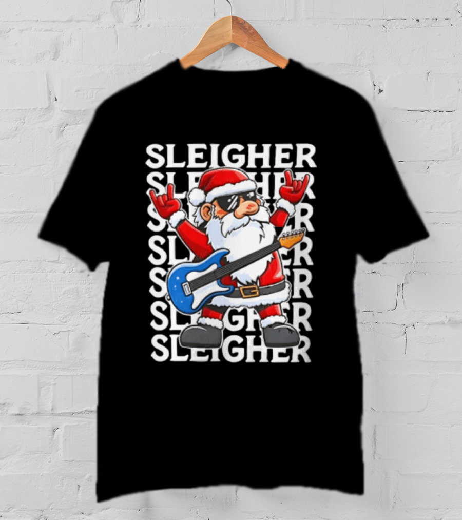 Sleigher Christmas Santa Rocking Guitar Holiday T-Shirt