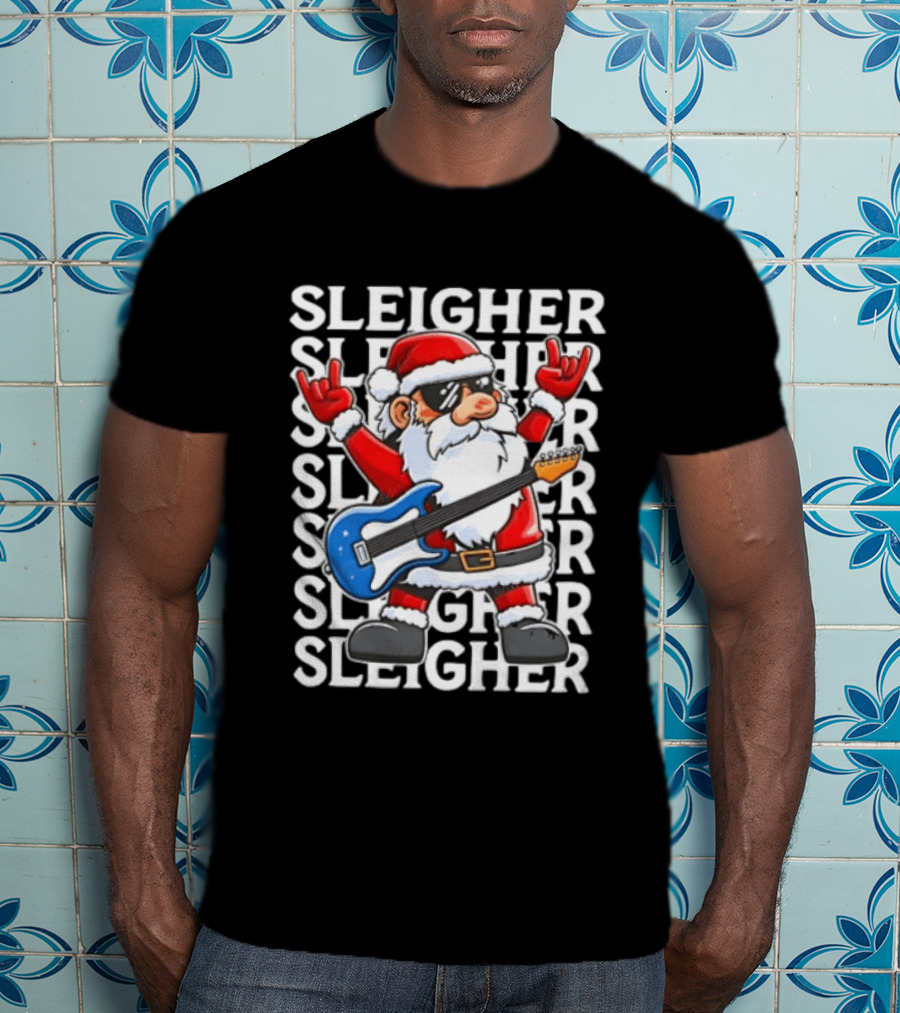Sleigher Christmas Santa Rocking Guitar Holiday T-Shirt