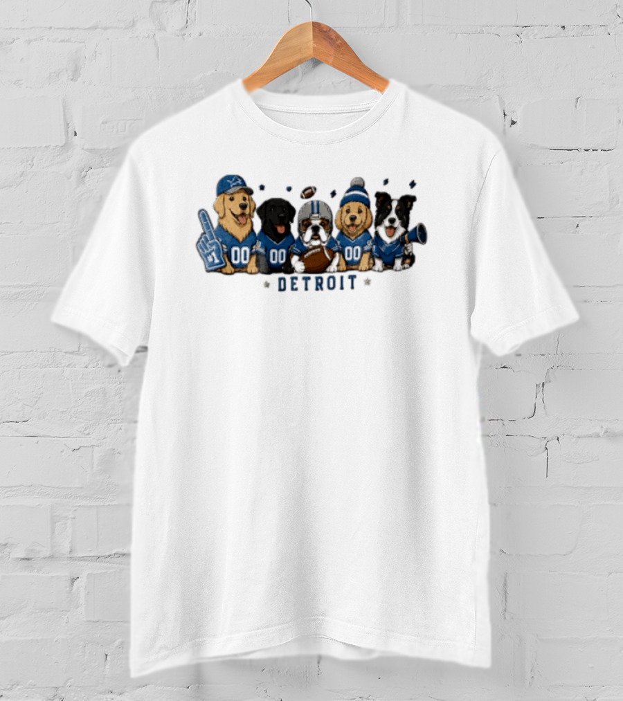 Detroit Lions Dogs Wearing Football Jerseys And Hats With Foam Finger And Megaphone T-Shirt