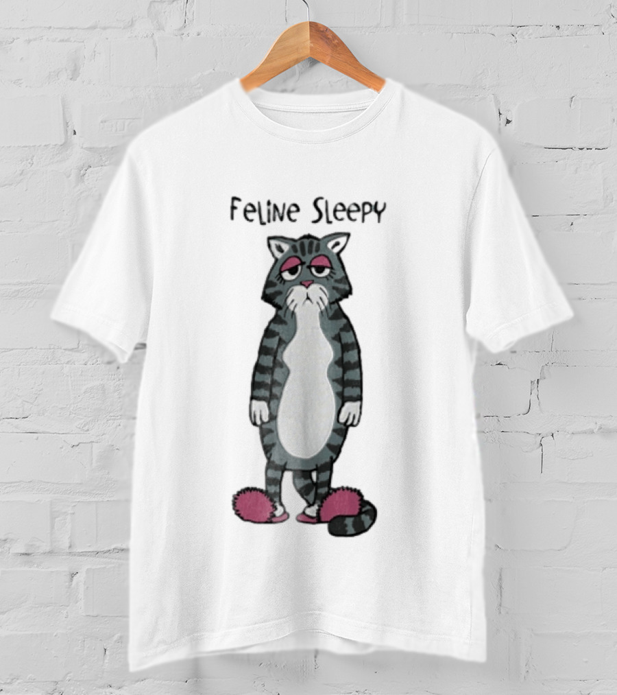 Feline Sleepy Grey Tabby Cat With Pink Slippers T-Shirt