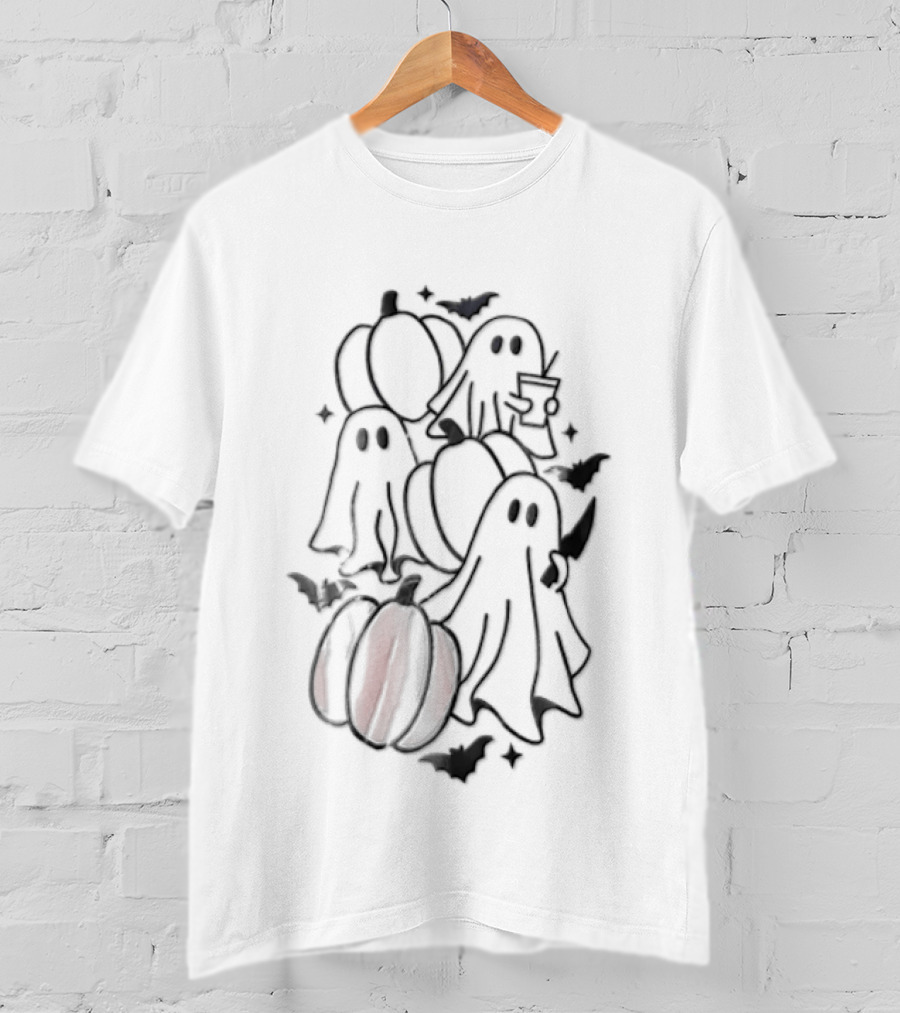 Ghosts Pumpkins Bats Holding Knife Halloween Scene T-Shirt