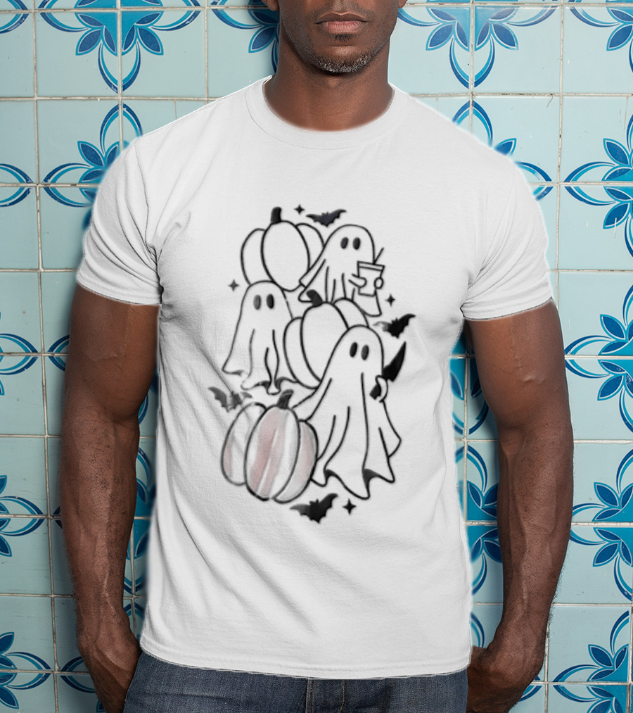 Ghosts Pumpkins Bats Holding Knife Halloween Scene T-Shirt
