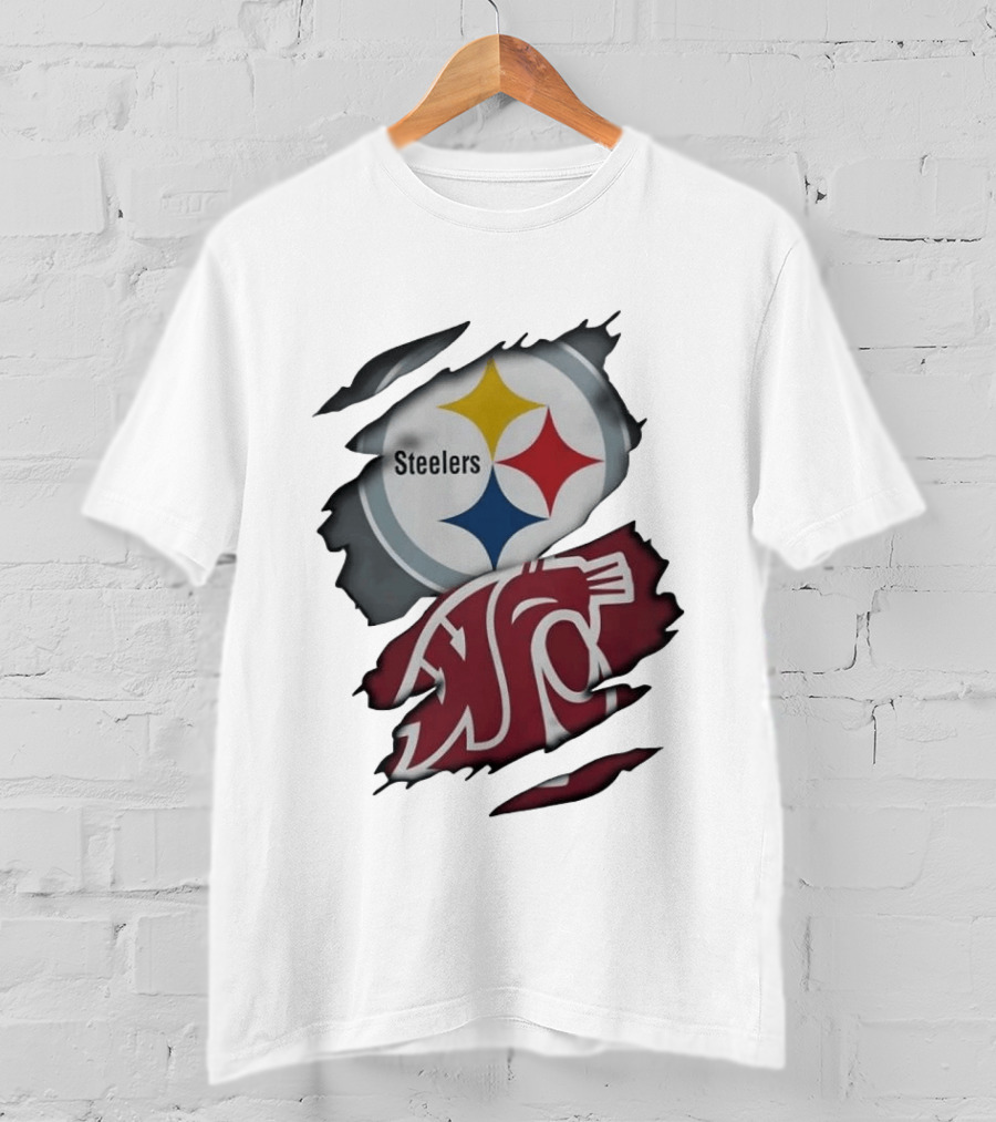 Pittsburgh Steelers Washington State Cougars Ripped Fabric T-Shirt