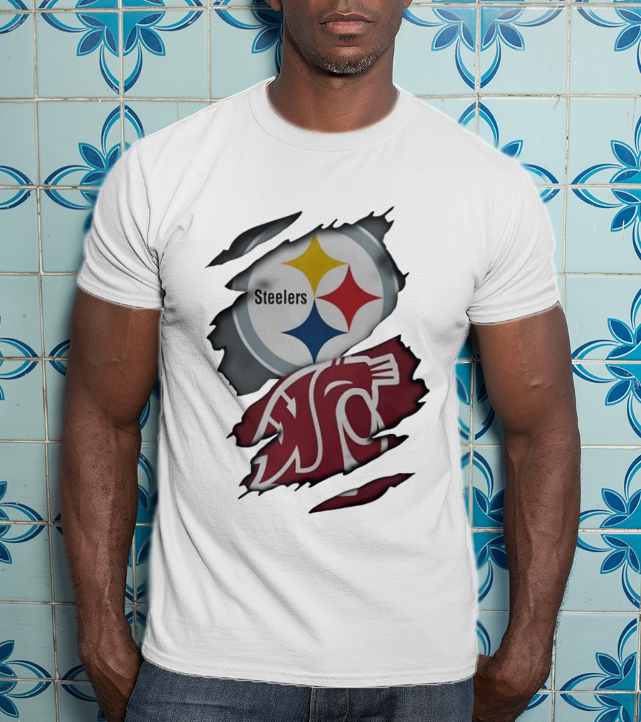 Pittsburgh Steelers Washington State Cougars Ripped Fabric T-Shirt