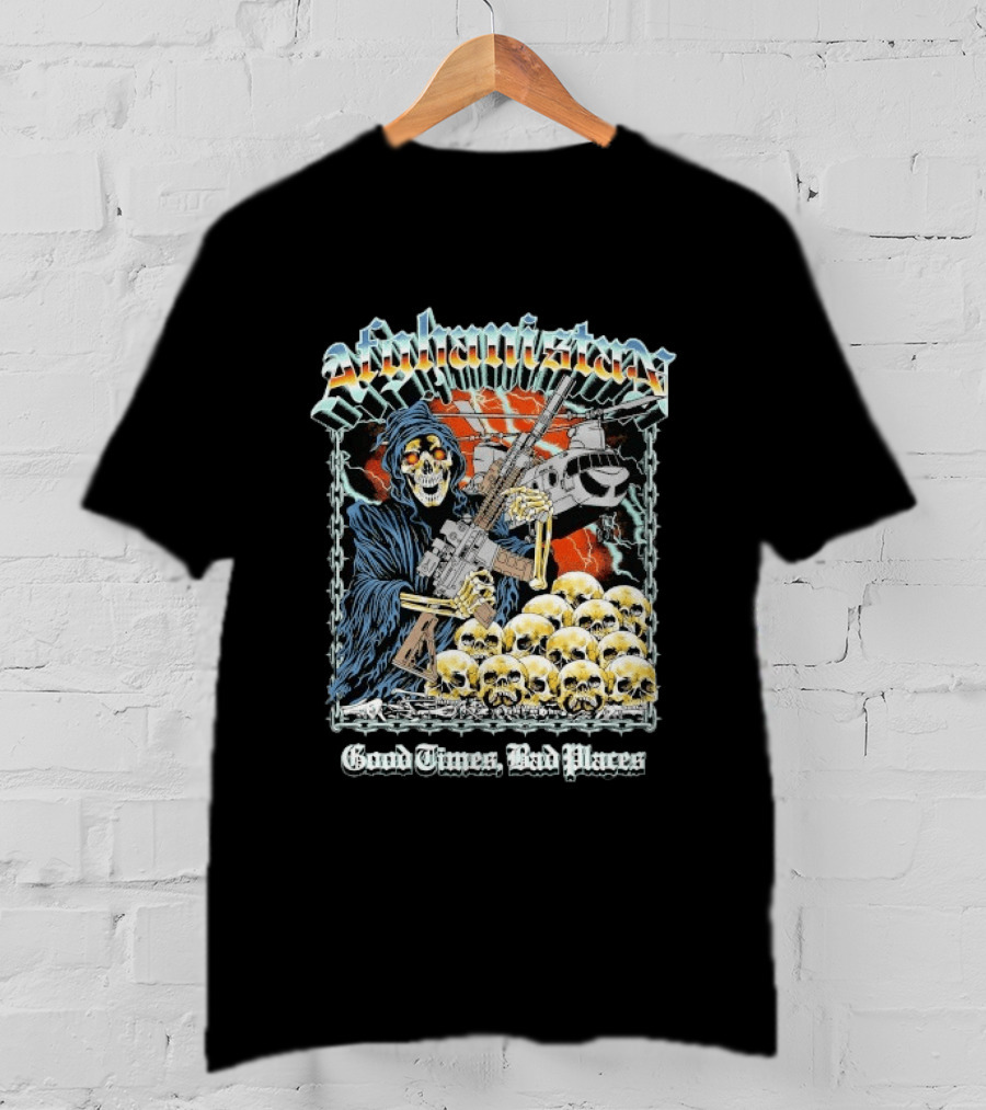 Afghanistan Chrome Skull With Helicopter Good Times Bad Places T-Shirt
