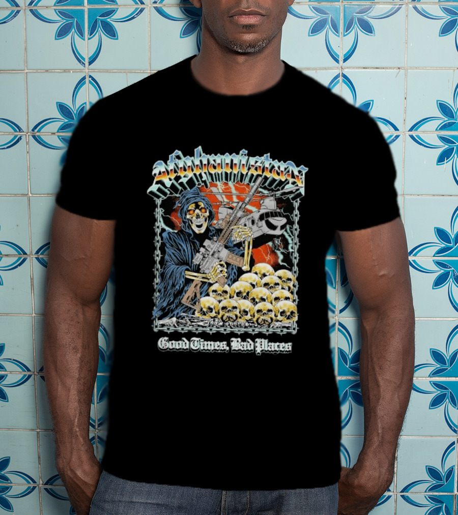Afghanistan Chrome Skull With Helicopter Good Times Bad Places T-Shirt