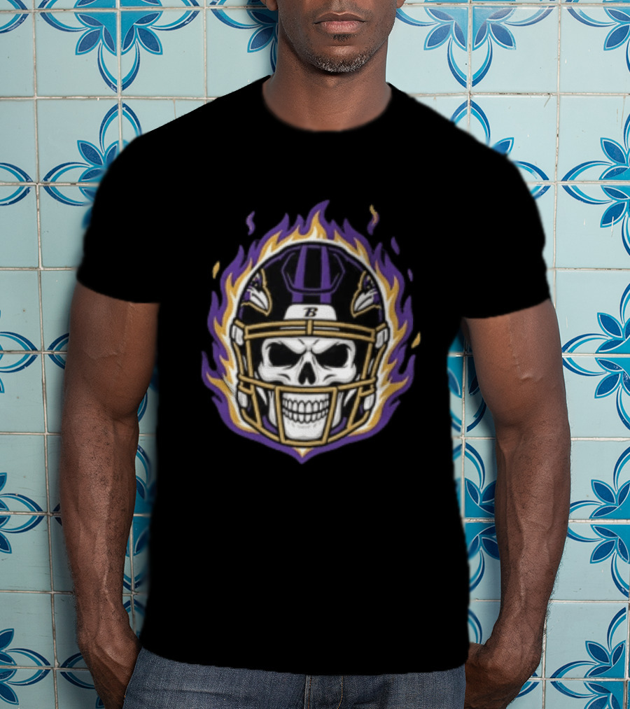 Baltimore Ravens Skeleton Flaming Helmet Football Player Lamar Jackson T-Shirt
