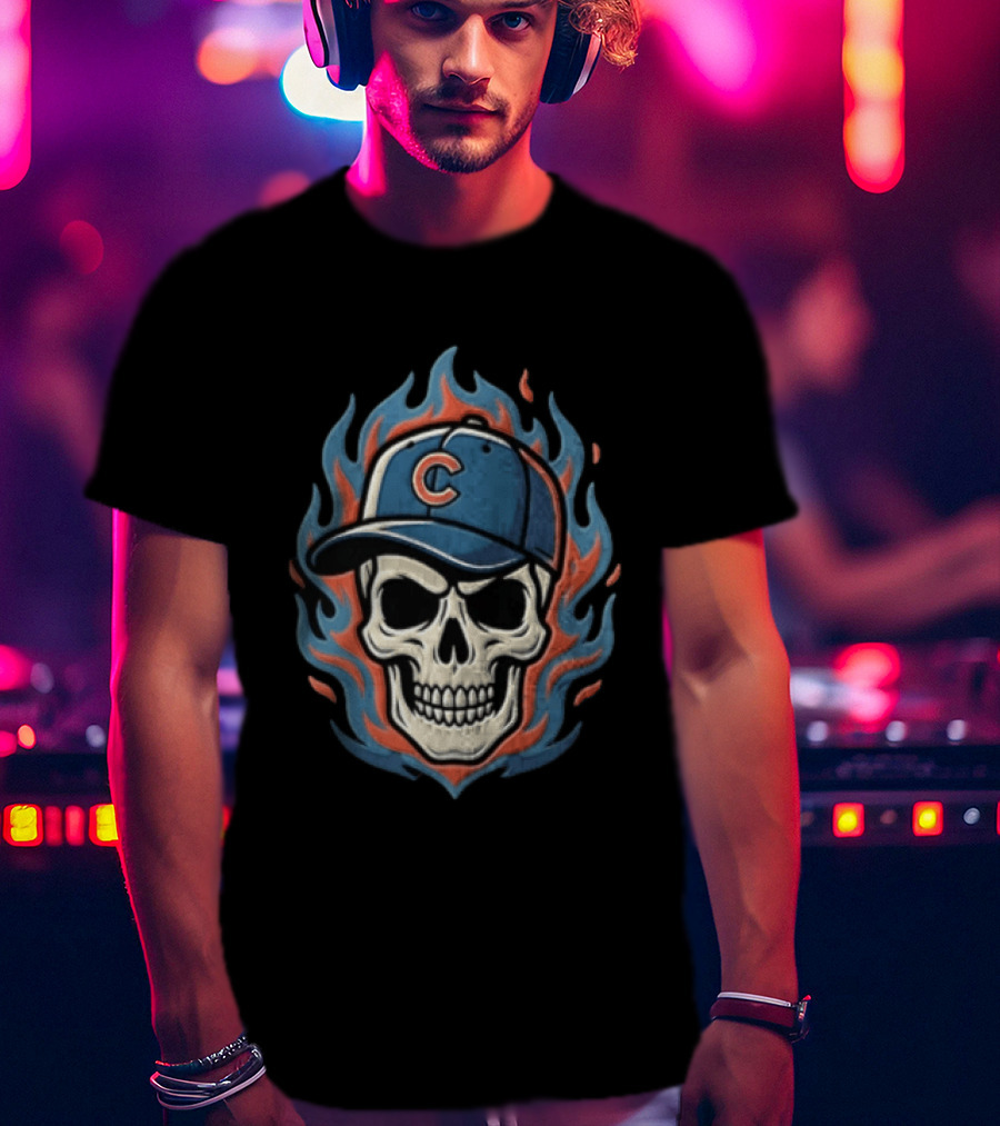 Chicago Cubs Skull Cap Flames T-Shirt