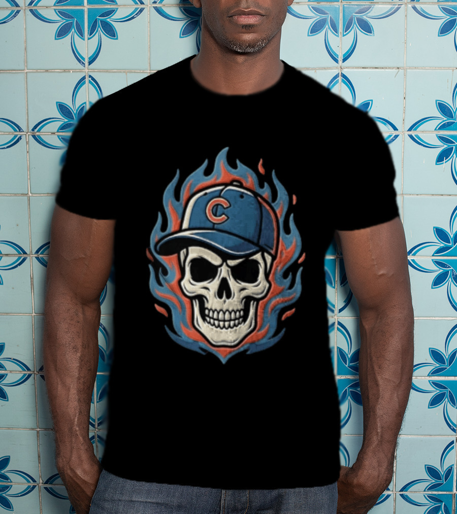 Chicago Cubs Skull Cap Flames T-Shirt