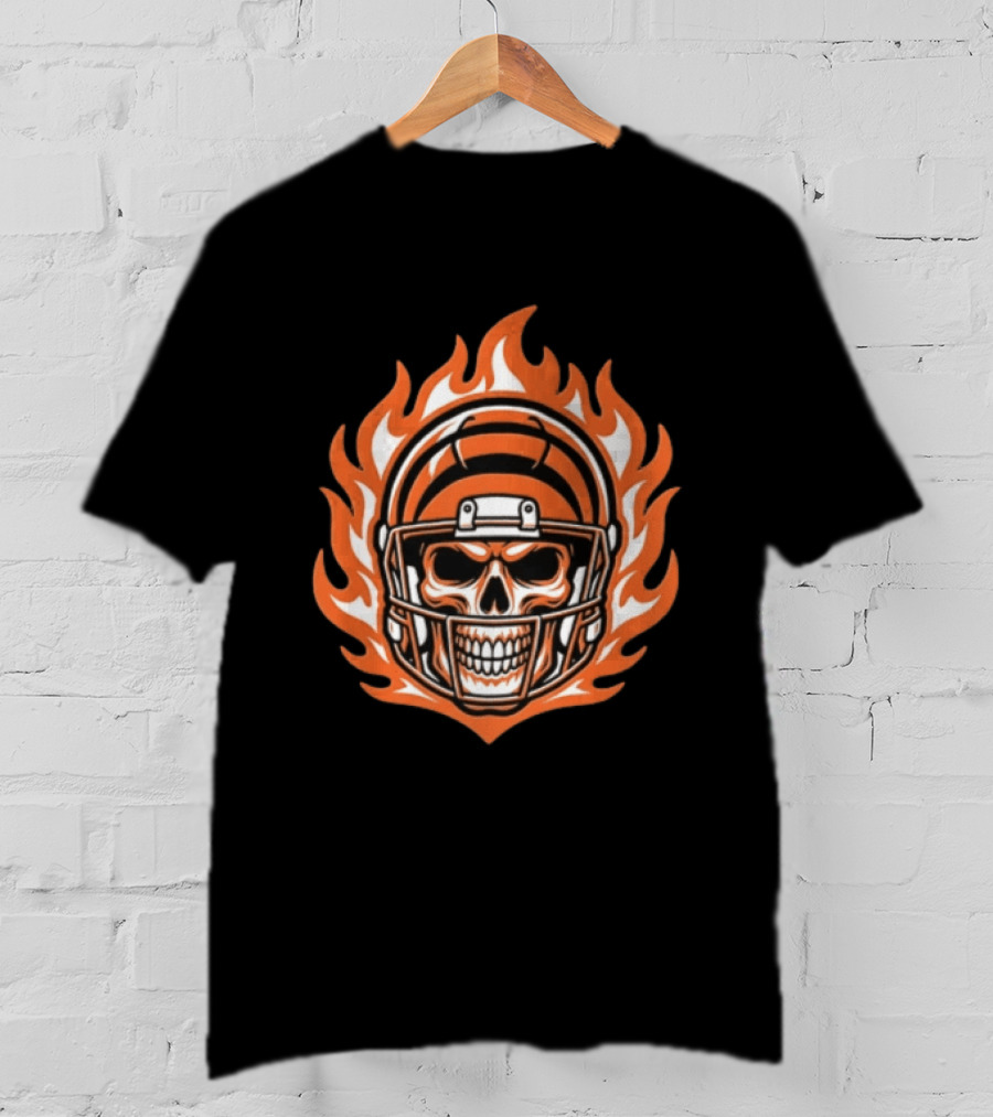 Cincinnati Bengals Skeleton Football Player Flaming Helmet T-Shirt