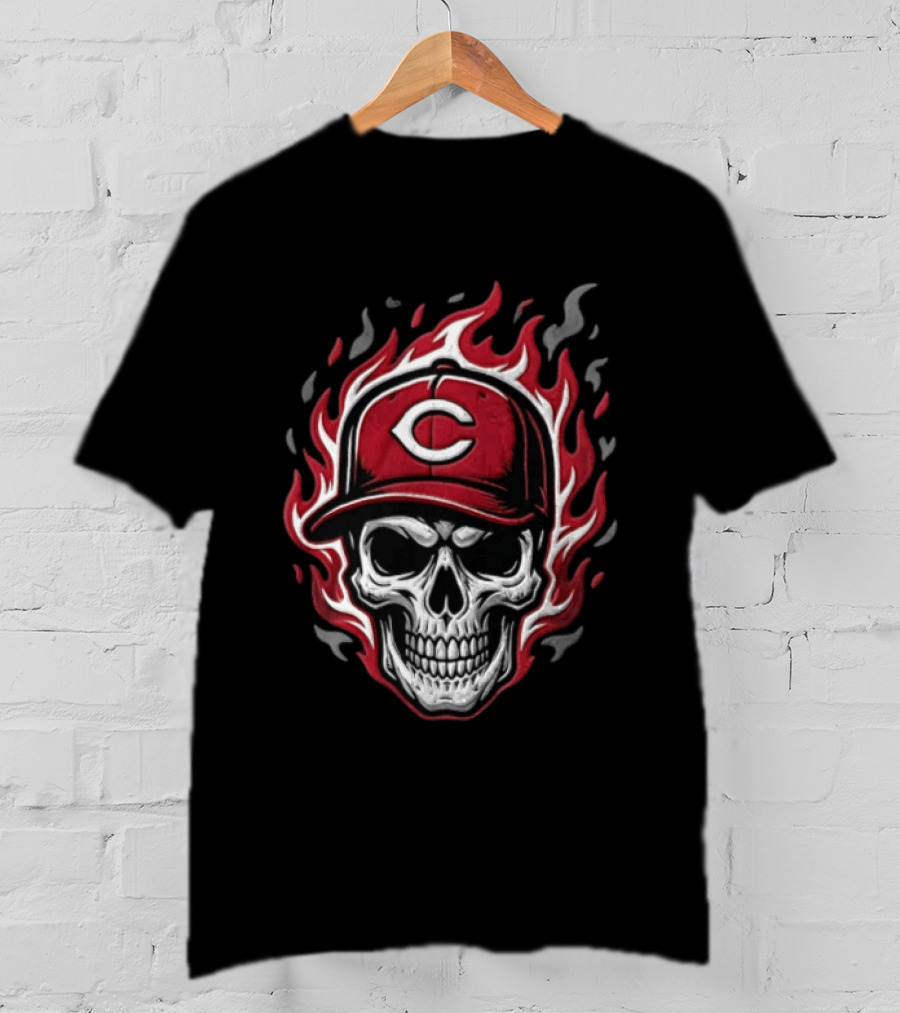 Cincinnati Reds Skull In Baseball Cap With Flames T-Shirt