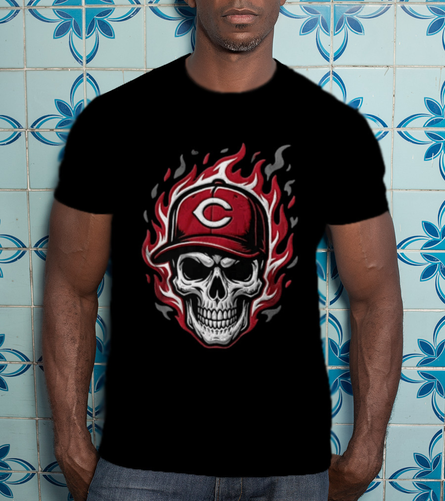 Cincinnati Reds Skull In Baseball Cap With Flames T-Shirt