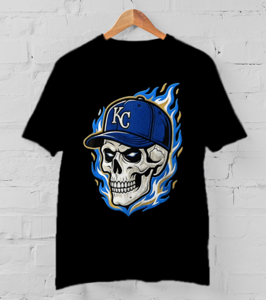 Kansas City Royals Skull Baseball Cap Flame T-Shirt