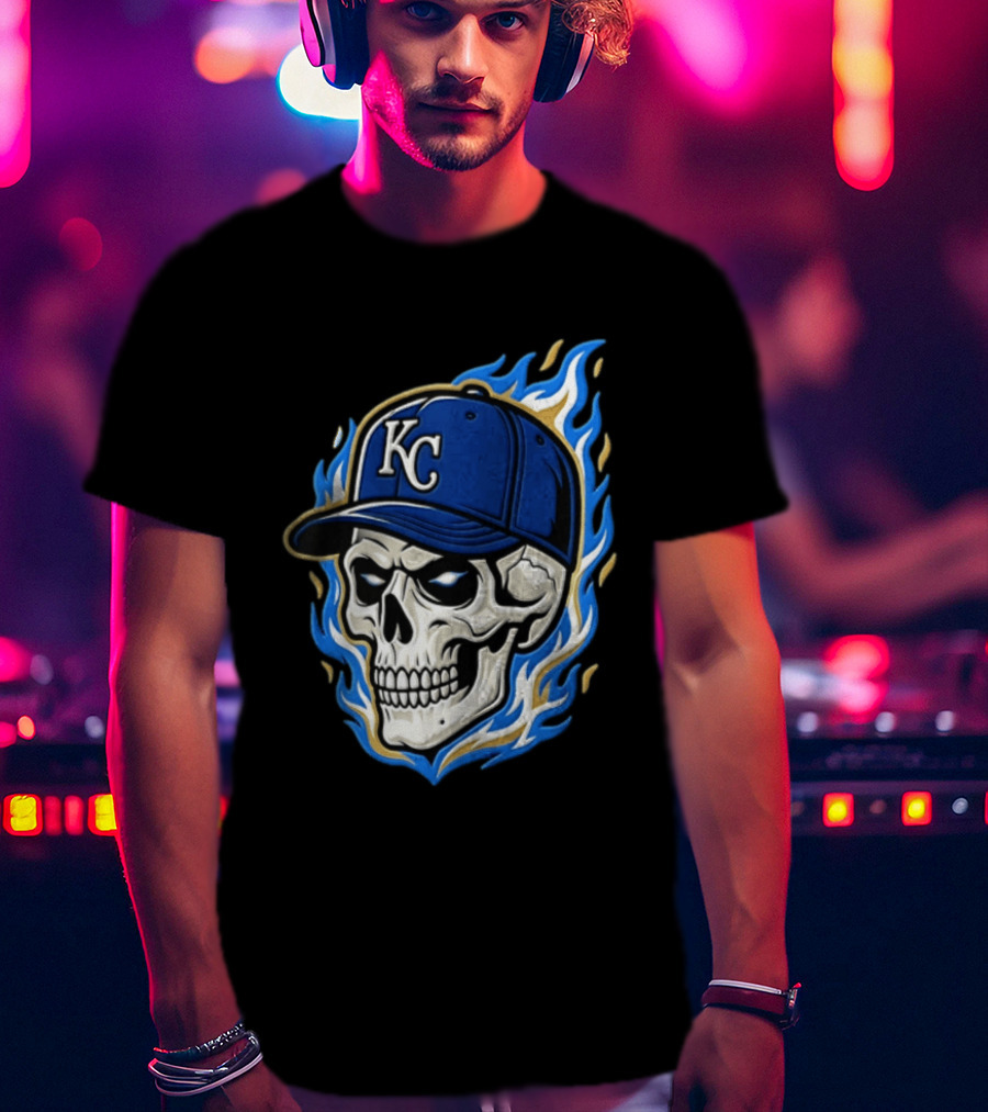 Kansas City Royals Skull Baseball Cap Flame T-Shirt