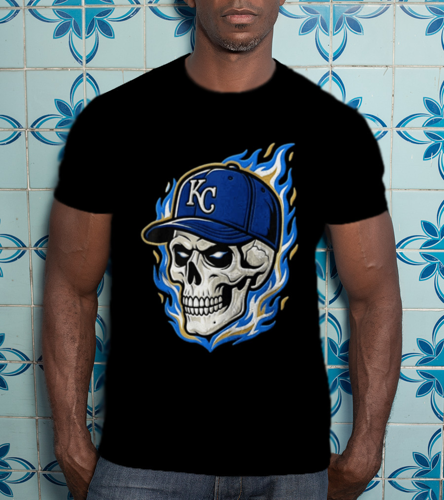 Kansas City Royals Skull Baseball Cap Flame T-Shirt