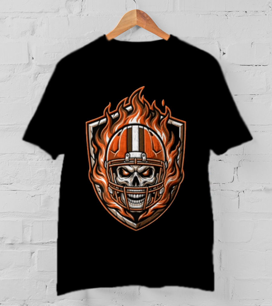 Cleveland Browns Skeleton Football Player Flaming Helmet Shield T-Shirt