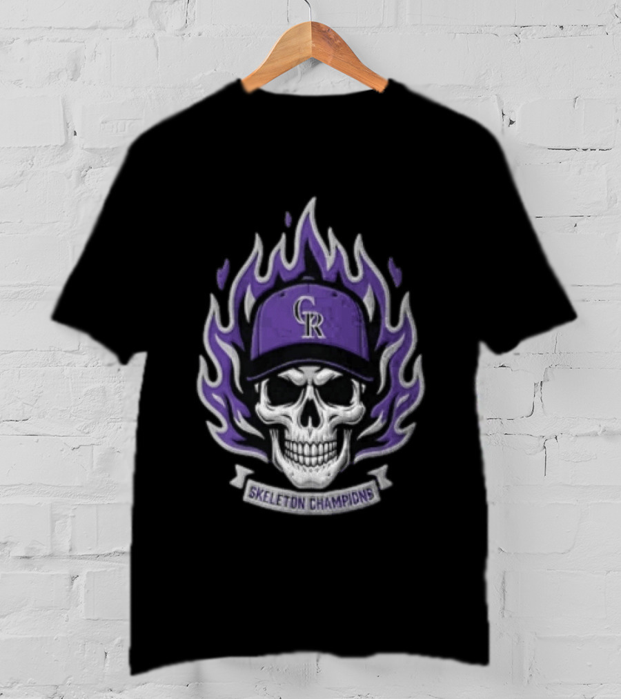 Colorado Rockies Skeleton Champions Skull In Baseball Cap With Purple Flames T-Shirt