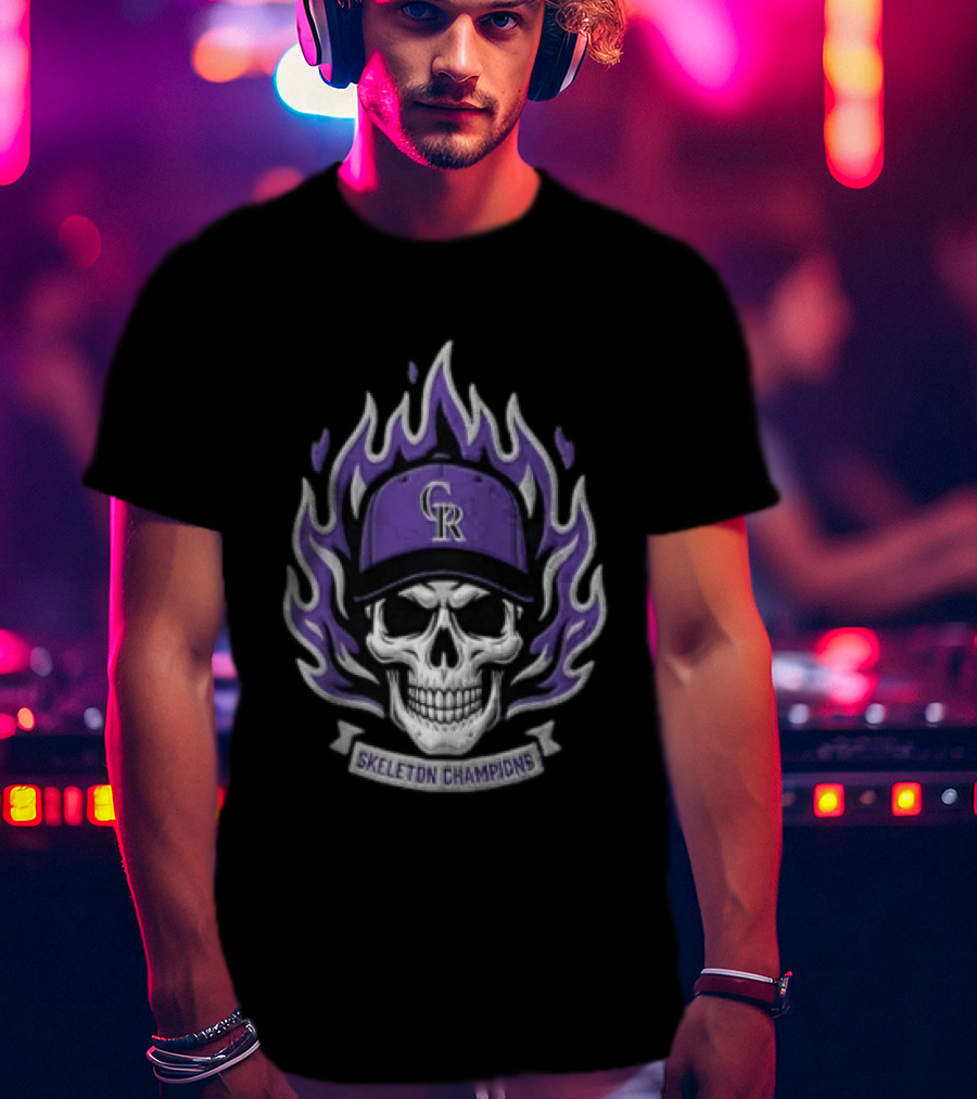 Colorado Rockies Skeleton Champions Skull In Baseball Cap With Purple Flames T-Shirt