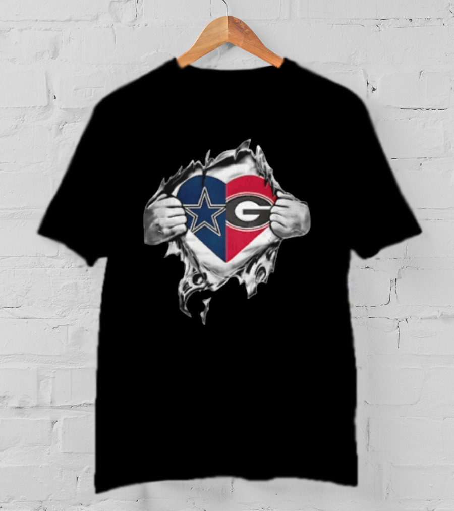 Dallas Cowboys Georgia Bulldogs Heart Design With Ripping Hands T-Shirt
