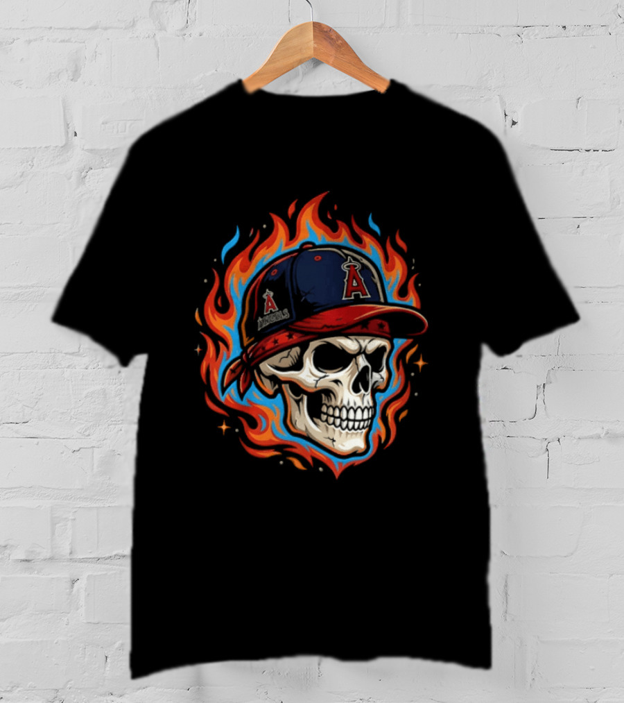 Los Angeles Angels Skull In Baseball Cap With Flames T-Shirt