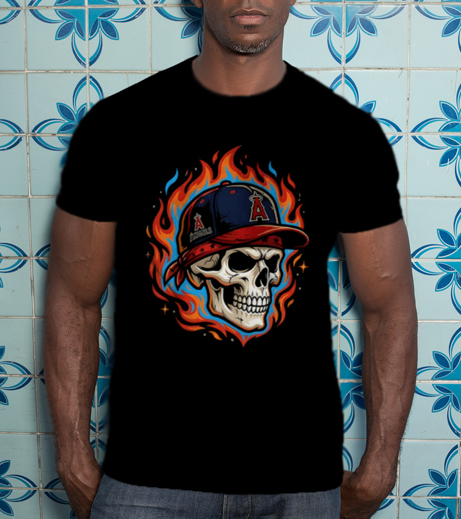 Los Angeles Angels Skull In Baseball Cap With Flames T-Shirt