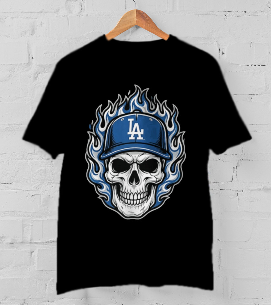 Los Angeles Dodgers Skull Cap Flames T-Shirt