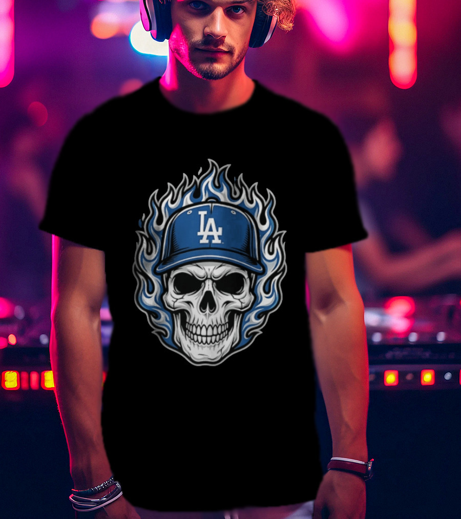 Los Angeles Dodgers Skull Cap Flames T-Shirt