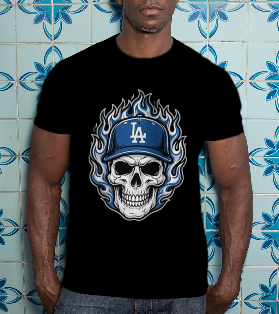 Los Angeles Dodgers Skull Cap Flames T-Shirt