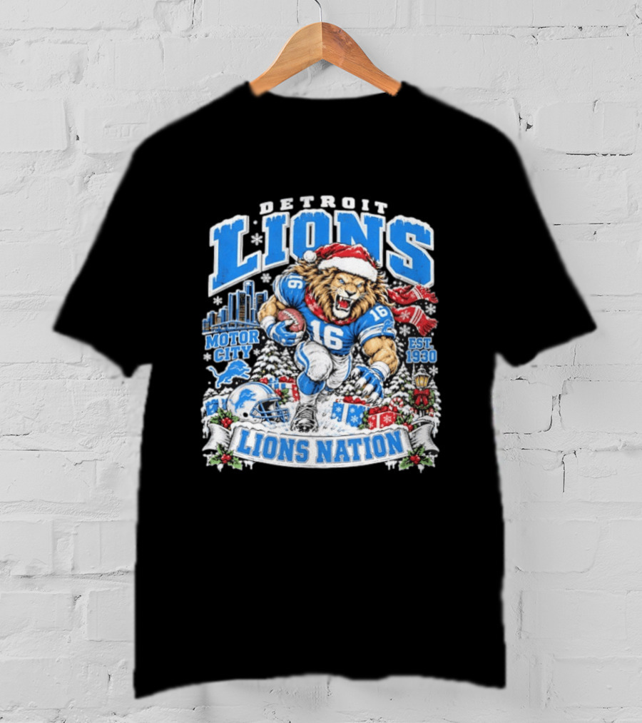 Detroit Lions Nation Christmas Motor City Est 1930 Santa Hat Football T-Shirt