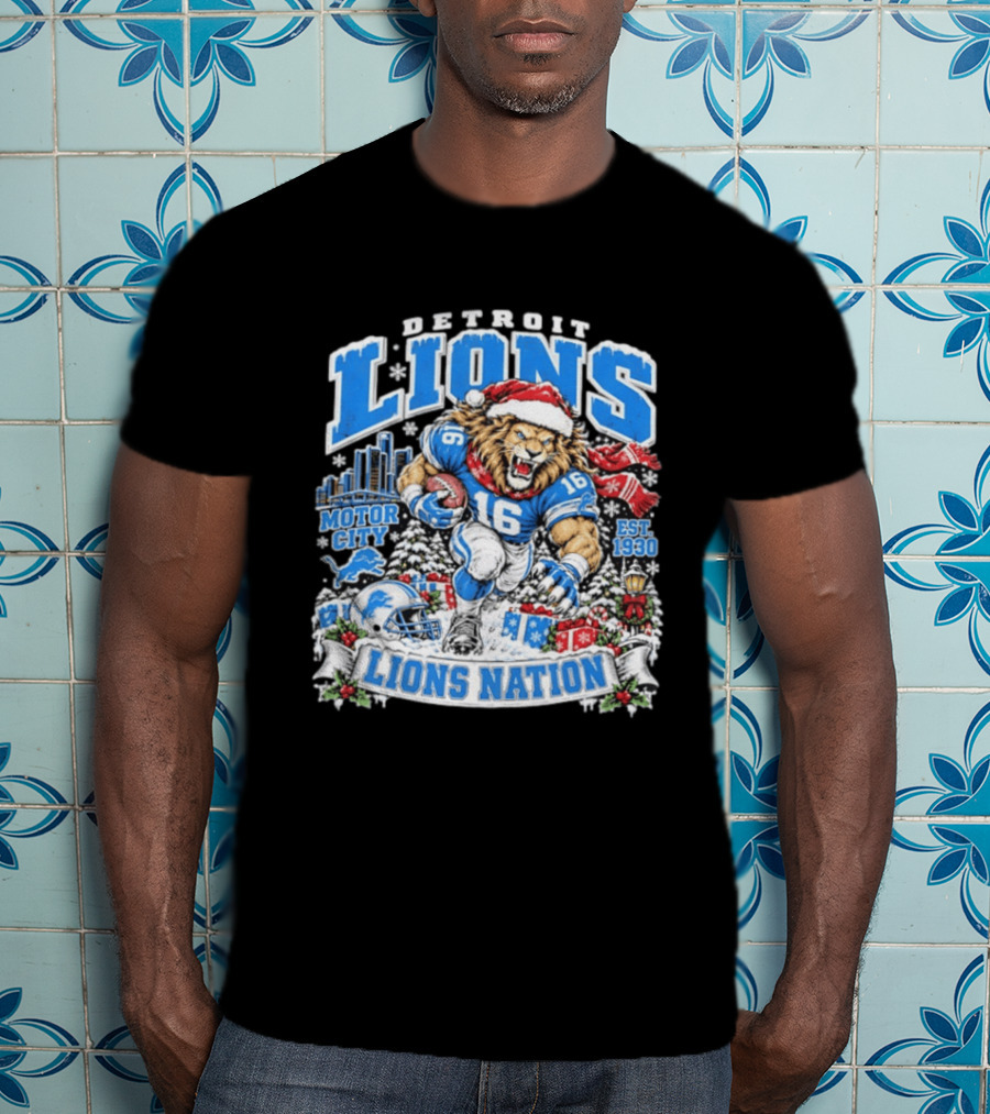 Detroit Lions Nation Christmas Motor City Est 1930 Santa Hat Football T-Shirt