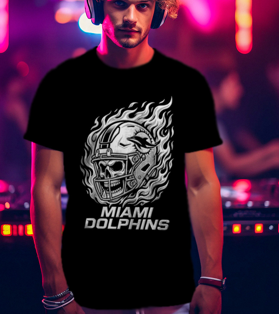 Miami Dolphins Fiery Skeleton Helmet T-Shirt