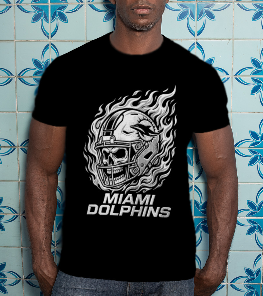 Miami Dolphins Fiery Skeleton Helmet T-Shirt