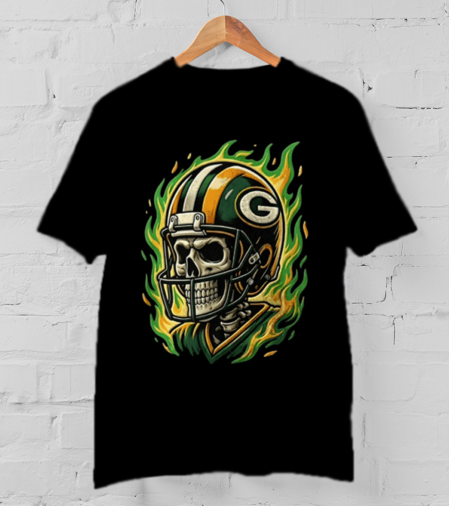 Green Bay Packers Skeleton Football Player Flaming Helmet T-Shirt
