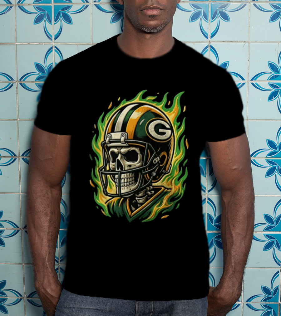 Green Bay Packers Skeleton Football Player Flaming Helmet T-Shirt