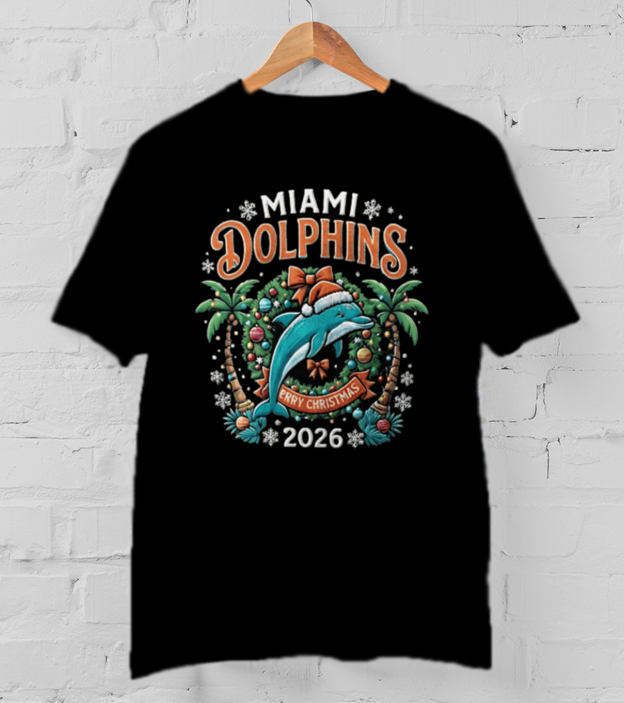 Miami Dolphins Merry Christmas Santa Hat Wreath 2026 T-Shirt