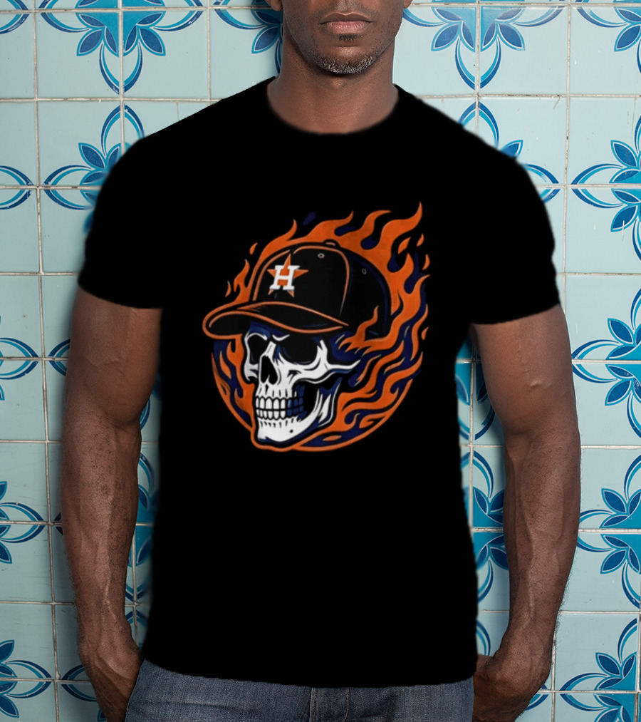 Houston Astros Skull Cap Flames Jesus Trophy T-Shirt