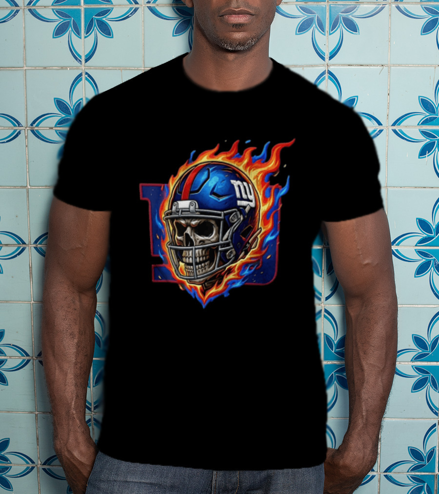 New York Giants Eli Manning Skeleton Flaming Helmet NFL T-Shirt